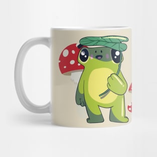 Cute Frog with Leaf Umbrella and Mushrooms Cottagecore Mug